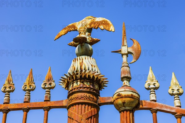 Iron eagle and spears at the entrance gate of Napoleon Bonaparte's summer residence, San Martino, Elba Island, Tuscan Archipelago National Park, Tuscany, Italy