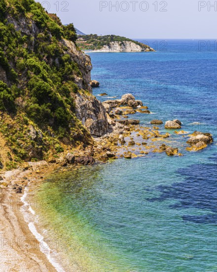 Rocky cliffs at Capo Bianco, Portoferraio, Elba Island, Tuscan Archipelago National Park, Tuscany, Italy
