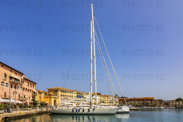 Sailing yachts anchored in the harbour of Portoferraio, Elba Island, Tuscan Archipelago National Park, Tuscany, Italy