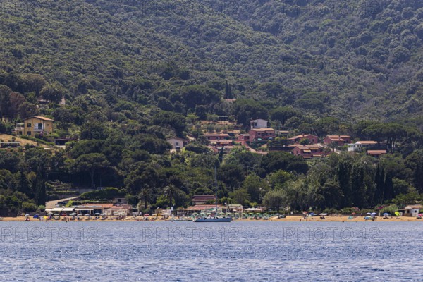 Straccoligno beach, above holiday homes, near Capoliveri, Elba Island, Tuscan Archipelago National Park, Tuscany, Italy