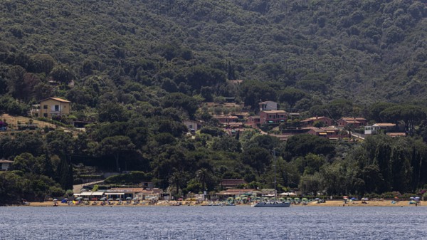 Straccoligno beach, above holiday homes, near Capoliveri, Elba Island, Tuscan Archipelago National Park, Tuscany, Italy