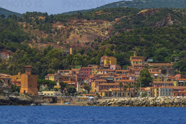 The village of Rio Marina with its pastel-coloured house facades, Elba Island, Tuscan Archipelago National Park, Tuscany, Italy