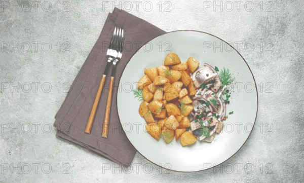New potatoes, with pickled herring, and red onions, homemade, no people