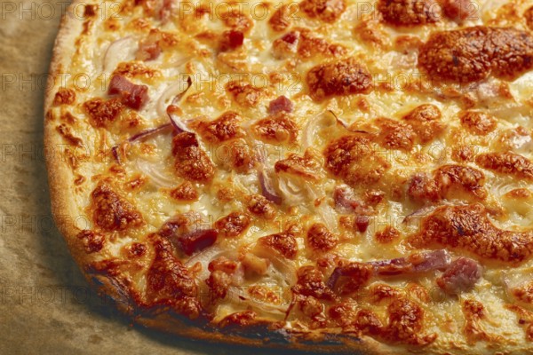 Tart flambe, open pie, rectangular pizza, with cheese and red onion, bacon slices, Alsatian dish, homemade, no people