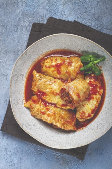 Stuffed cabbage rolls with minced meat, in tomato sauce, top view, without people, in the spotlight
