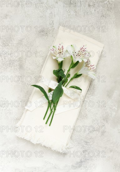 Kitchen towels, cream color, with alstroemeria, Peruvian lily, top view, concept, decor, no people