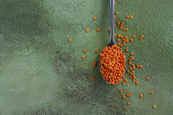 Bright orange lentils spill from a silver spoon onto a textured green surface, highlighting the vibrant colors and nutritional value of this versatile ingredient in cooking