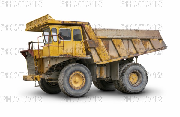 Rundown yellow haul truck isolated in white back with shadow