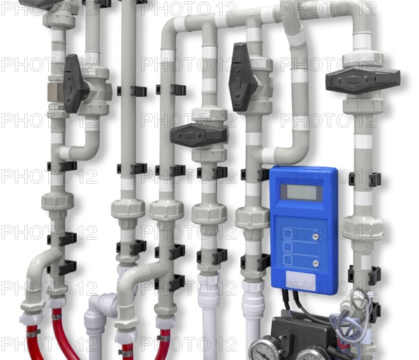 Detail of a mounted pipeline system with lots of tubes and fittings, isolated in white back with shadow