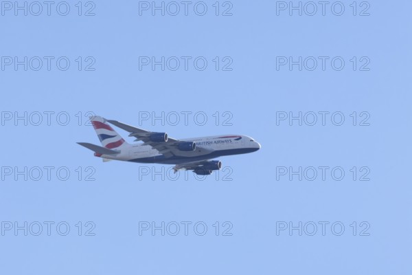 Airbus A380 jet passenger aircraft of British Airways airlines in flight, London, England, United Kingdom