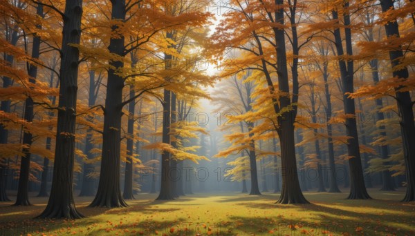 A picturesque autumn forest scene bathed in warm sunlight, with vibrant orange and yellow foliage and tall trees creating a stunning natural landscape, AI generated