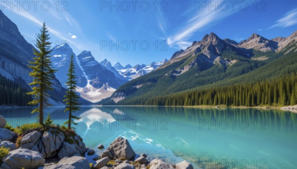 A stunning landscape featuring a turquoise lake reflecting majestic mountains and a clear blue sky, creating a serene and picturesque scene, AI generated