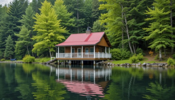 A charming lakeside cabin nestles amidst lush green trees, its reflection mirrored in the tranquil water below, AI generated