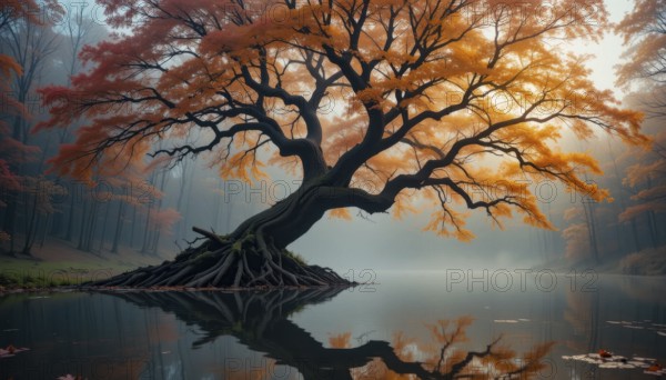 A stunning autumn landscape features a large tree with vibrant orange foliage reflected in tranquil water, creating a serene atmosphere, AI generated