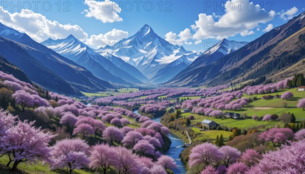 A vibrant landscape features snow-capped mountains, a winding river, and a valley filled with blooming pink trees under a bright blue sky, AI generated