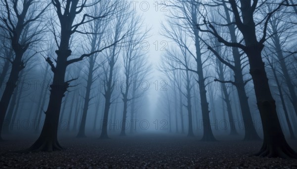 A chilling forest scene shrouded in fog, with bare trees and an eerie, atmospheric quality, AI generated