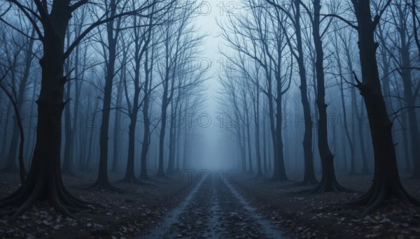 A mysterious, eerie forest road disappears into a foggy, atmospheric scene with tall, bare trees. The scene evokes a sense of mystery and suspense, AI generated