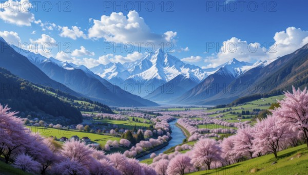 A stunning valley vista unfolds under a brilliant blue sky, showcasing snow-capped mountains and vibrant cherry blossoms in full bloom, AI generated