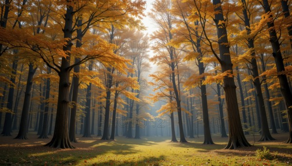 A stunning autumn forest scene, with tall trees ablaze in vibrant orange and yellow hues, illuminated by soft sunlight filtering through the leaves, AI generated