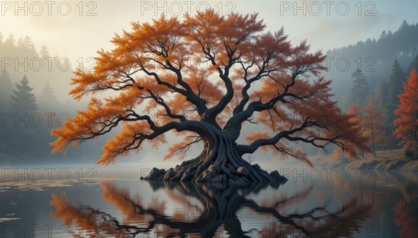A captivating autumn scene with a vibrant tree reflected in serene water, creating a peaceful atmosphere. The surrounding trees are also in autumn colors, AI generated