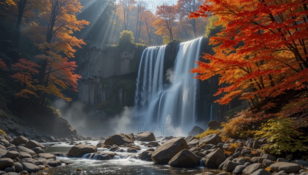 Stunning waterfall cascades amidst vibrant autumn foliage. Sunlight streams through the trees, creating a picturesque scene of natural beauty, AI generated