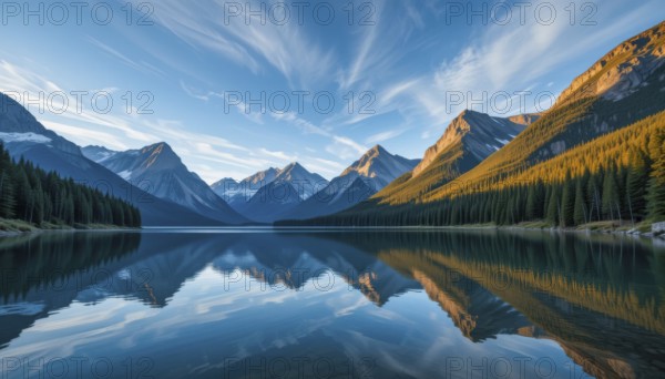 A serene landscape of mountains and a lake mirroring the sky's reflection. The image captures the beauty of nature with trees, AI generated