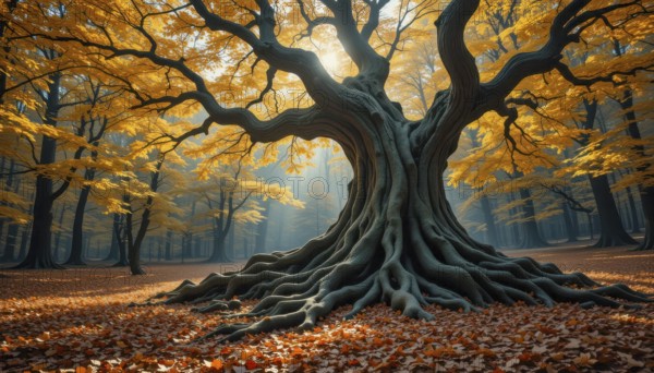 A majestic, ancient tree stands in a vibrant autumn forest, its massive roots spread across the leaf-covered ground, surrounded by the warm glow of sunlight, AI generated