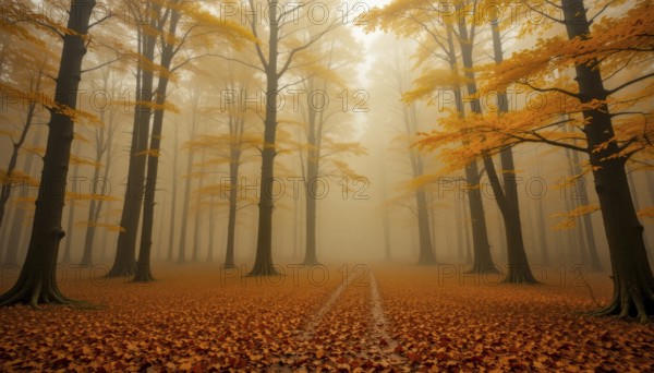 An enchanting autumn forest bathed in a warm, atmospheric fog, with fallen leaves blanketing the ground and trees, AI generated