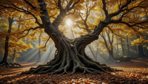 A majestic tree stands in a forest, bathed in the golden light of autumn. The sunlight filters through the leaves, creating a beautiful and serene scene, AI generated