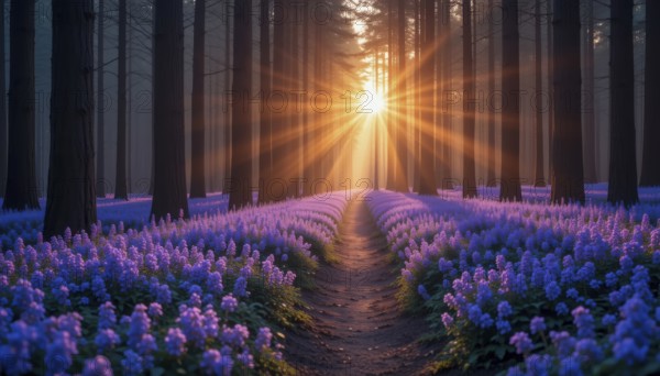 A sunlit path winds through a forest of tall trees, surrounded by vibrant purple flowers, creating a tranquil scene, AI generated