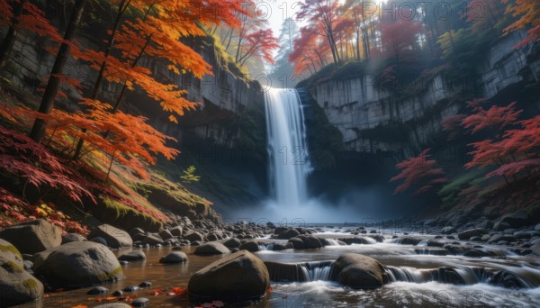 A breathtaking waterfall cascades amidst vibrant autumn foliage, surrounded by lush forest and rocky terrain, AI generated