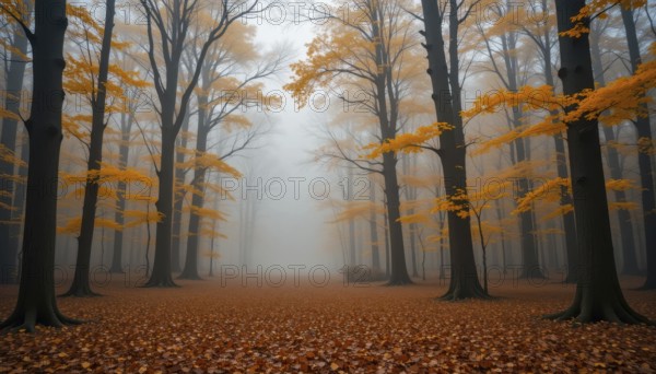 A serene autumn forest shrouded in mist. Golden leaves adorn the trees and forest floor, creating a tranquil, atmospheric scene, AI generated