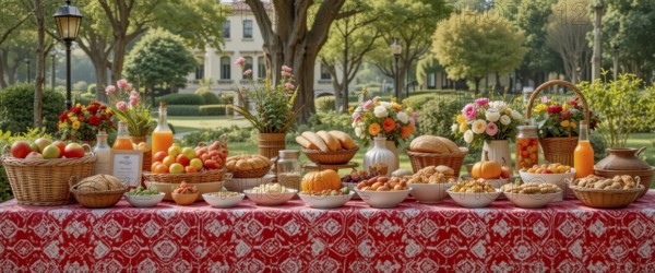 A lavish outdoor picnic spread, laden with fruits, breads, pastries, and juices, is arranged on a red patterned tablecloth, AI generated