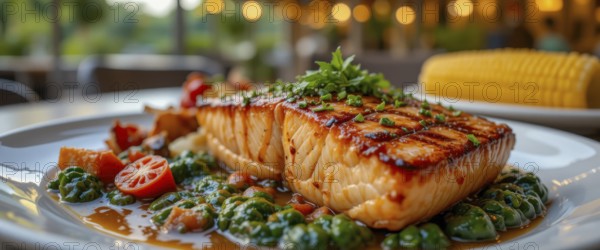A delicious plate of grilled salmon with a side of vegetables and corn, a perfect dinner, AI generated