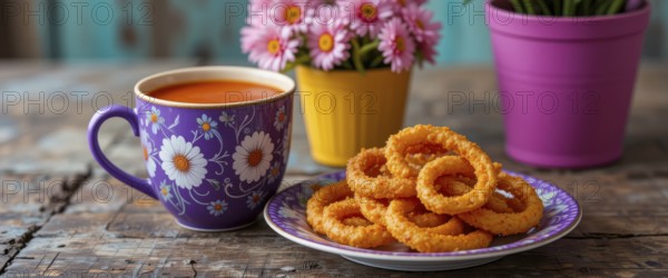 A close-up shot of a mug of soup, onion rings, and flowers on a wooden table, AI generated