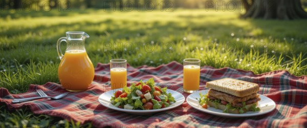 A delightful picnic scene in a sunny park, featuring a plaid blanket spread with food and drinks for a relaxing outdoor meal, AI generated