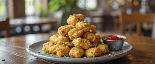 A delicious serving of fried food, presented artfully on a plate, ready to be enjoyed at a restaurant, AI generated