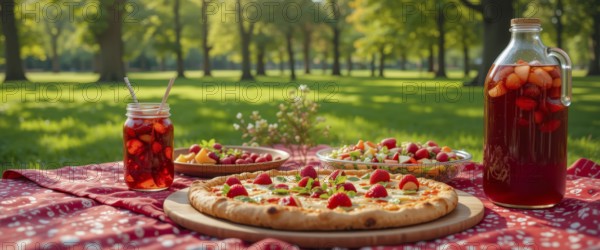 A picturesque picnic scene set in a park, featuring pizza, fruit-infused drinks, and a vibrant spread on a red patterned blanket, perfect for a sunny day, AI generated