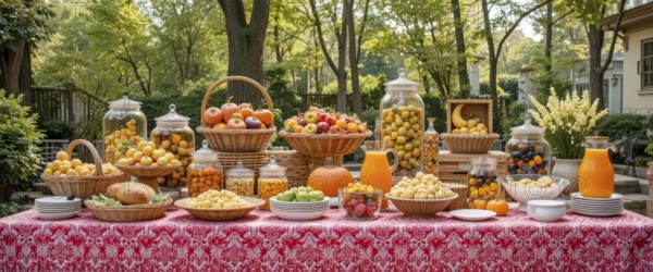 A beautifully arranged outdoor buffet table laden with various fruits, juices, and snacks, perfect for a garden party or celebration, AI generated