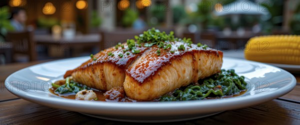 A beautifully plated salmon fillet rests atop a bed of spinach, garnished with fresh herbs, with a side of corn on the cob, AI generated