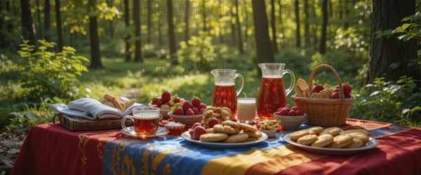 A vibrant picnic scene set in a sun-dappled forest. Delicious food and drinks are laid out on a colorful table, AI generated