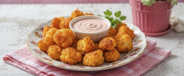 A plate of golden-brown, crispy cauliflower bites served with a creamy dipping sauce, perfect for a snack or appetizer, AI generated