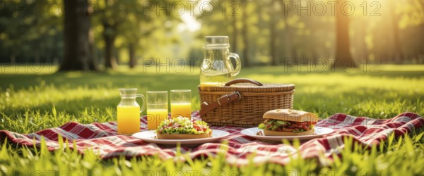 A delightful picnic scene set on a sunny day in a park. Features sandwiches, juice, and a basket on a checkered blanket, AI generated