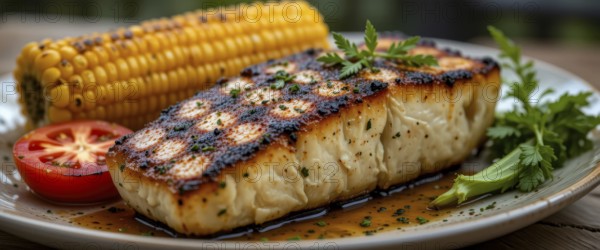 Grilled fish steak with grilled corn and sliced tomato on a plate, a delicious and healthy meal, AI generated