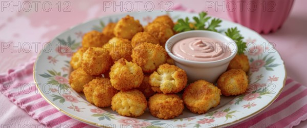 Delicious golden-brown fried cauliflower bites served on a vintage plate with a creamy dipping sauce, perfect for a tasty appetizer, AI generated