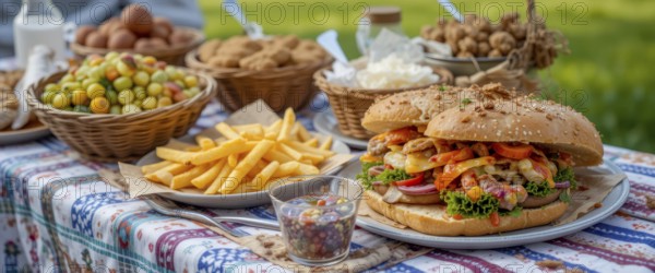 A delightful picnic spread featuring a gourmet burger, golden fries, various fruits and snacks on a colorful tablecloth, AI generated