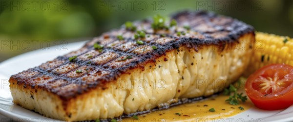 A perfectly grilled fish steak is served with corn and a tomato slice, showcasing a delicious meal on a white plate, AI generated