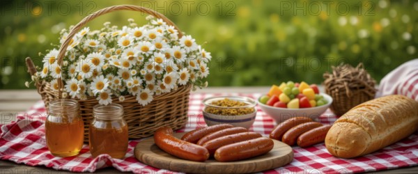 A delightful picnic scene with a basket of daisies, grilled sausages, fruit, and bread, on a checkered tablecloth, AI generated