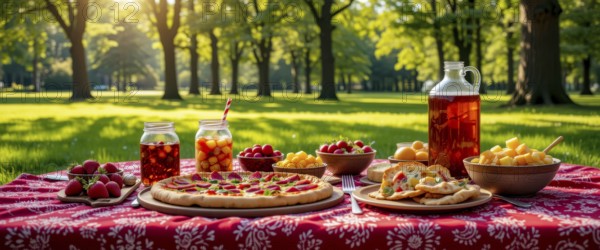 A delightful picnic spread out on a red patterned blanket in a sunny park, featuring pizza, fruits, and drinks, AI generated