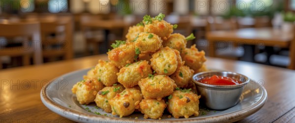 A close-up shot of delicious, golden-brown fried food, beautifully presented on a plate with a side of ketchup in a restaurant setting, AI generated